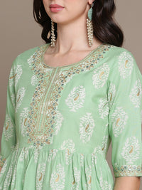 Thumbnail for HERE&NOW Ethnic Motifs Embroidered Thread Work Sequinned High-Low Kurti with Trousers - Distacart