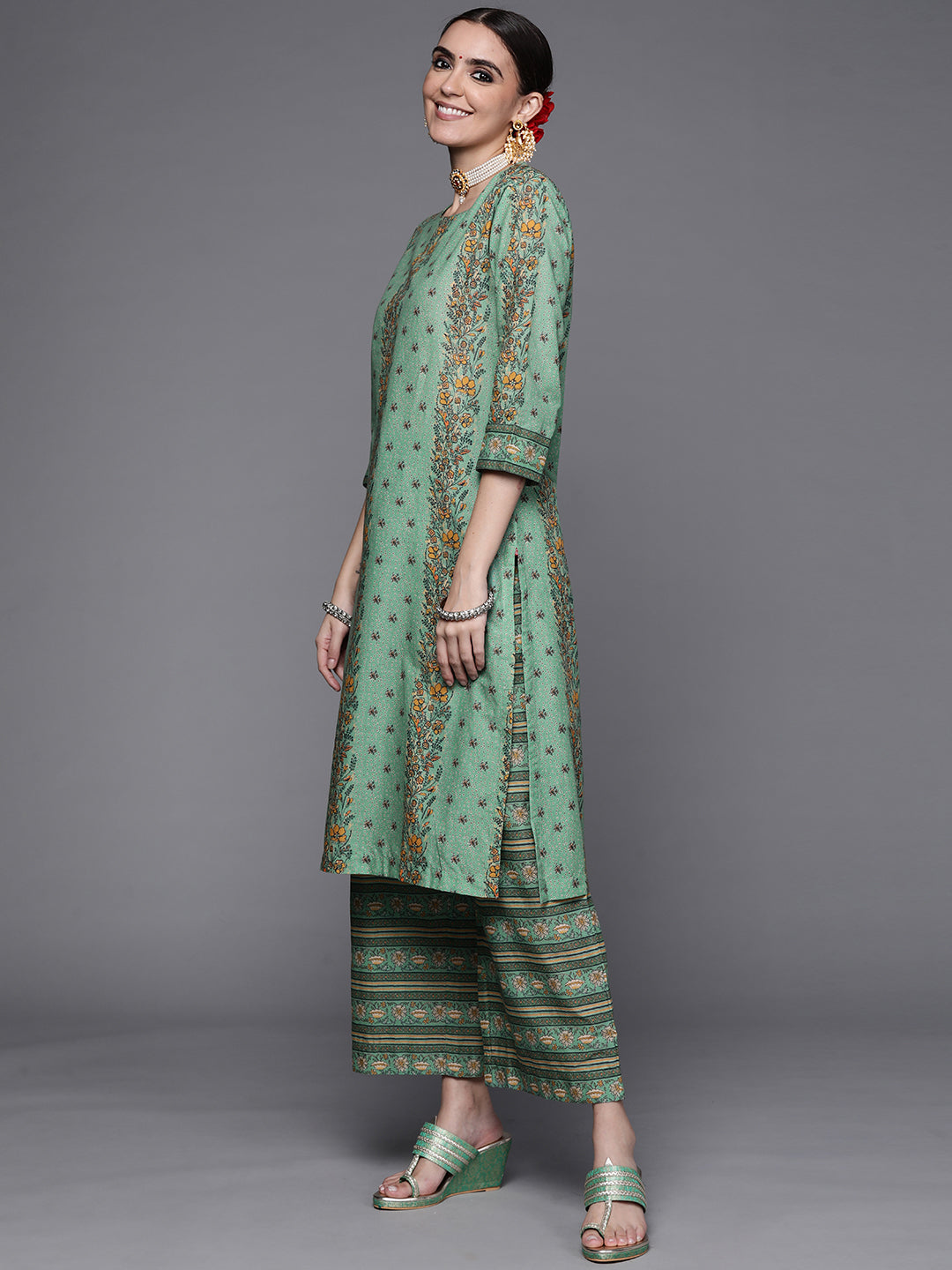 Biba Women Green Ethnic Motifs Printed Pure Cotton Kurta with Palazzos & With Dupatta - Distacart