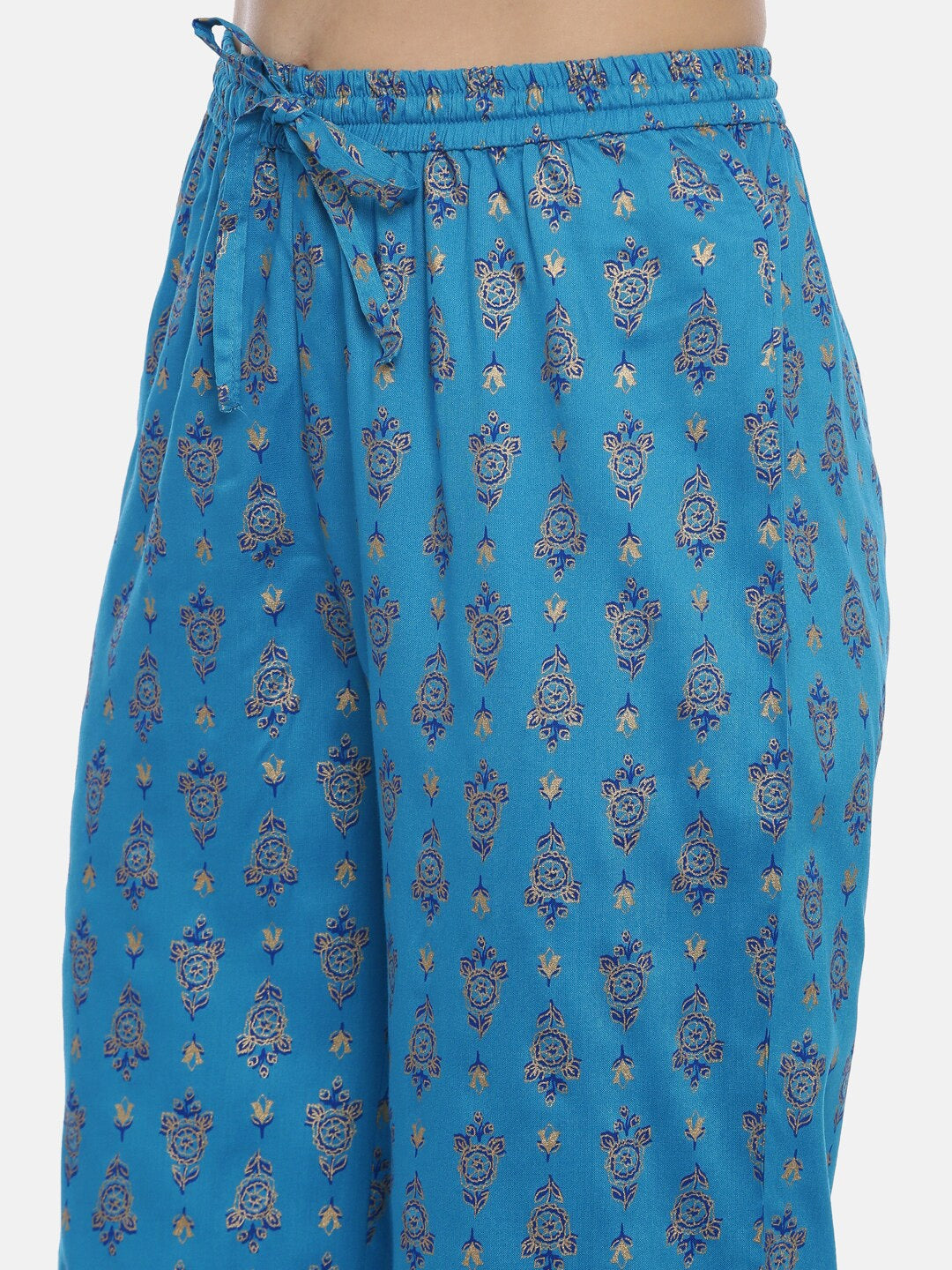 Souchii Turquoise Blue & Gold-Toned Floral Print Kurta with Palazzos - Distacart