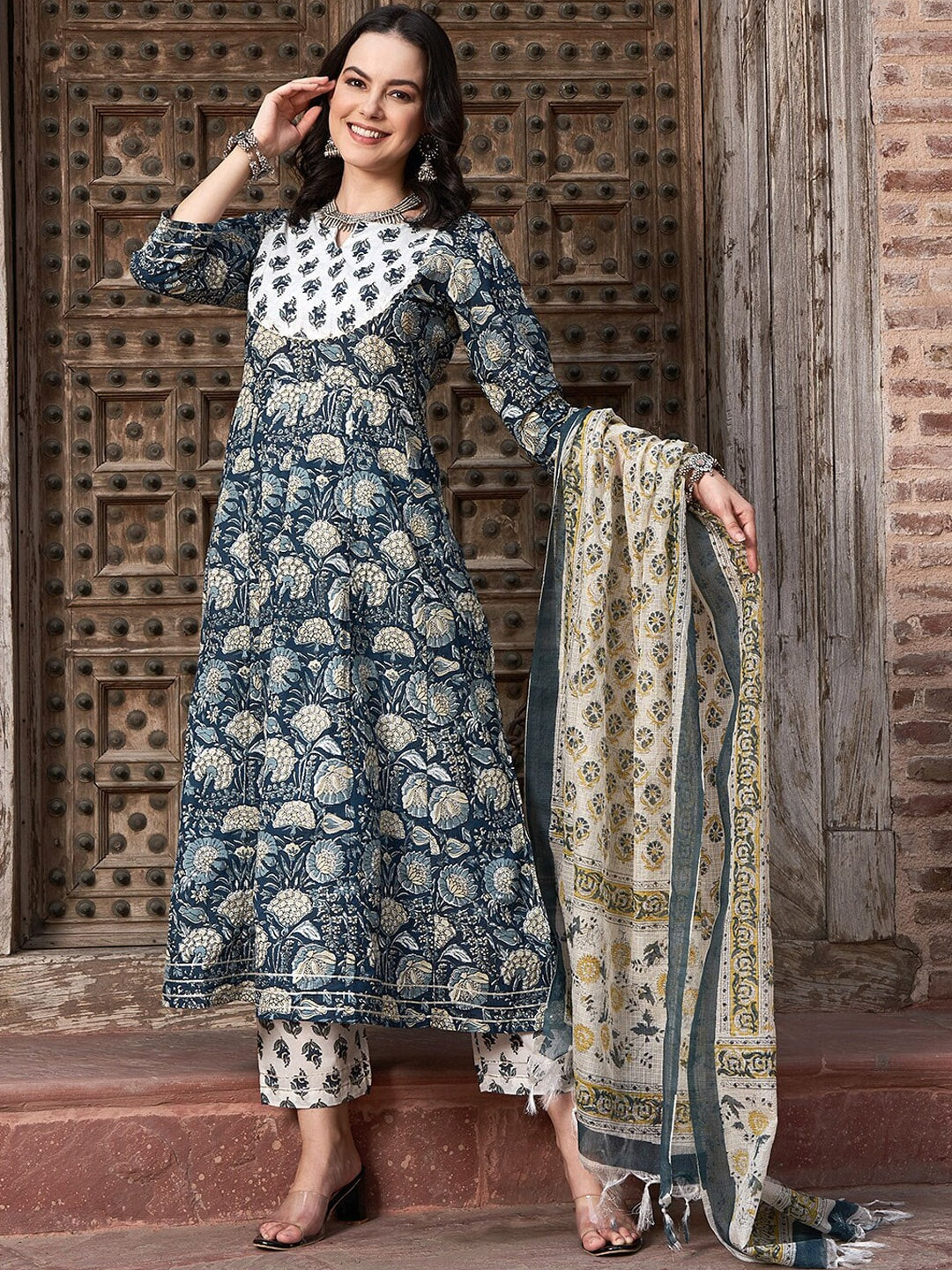 Sangria Navy Blue Floral Printed Pure Cotton Anarkali Kurta With Trouser & Dupatta - Distacart