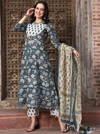 Thumbnail for Sangria Navy Blue Floral Printed Pure Cotton Anarkali Kurta With Trouser & Dupatta - Distacart