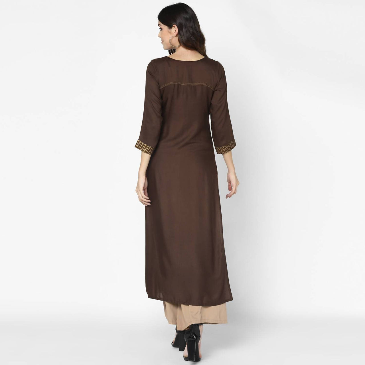 Cheera Hand Block Print Brown & Skin Color Straight Kurta With Palazzo (MAAI-081K)