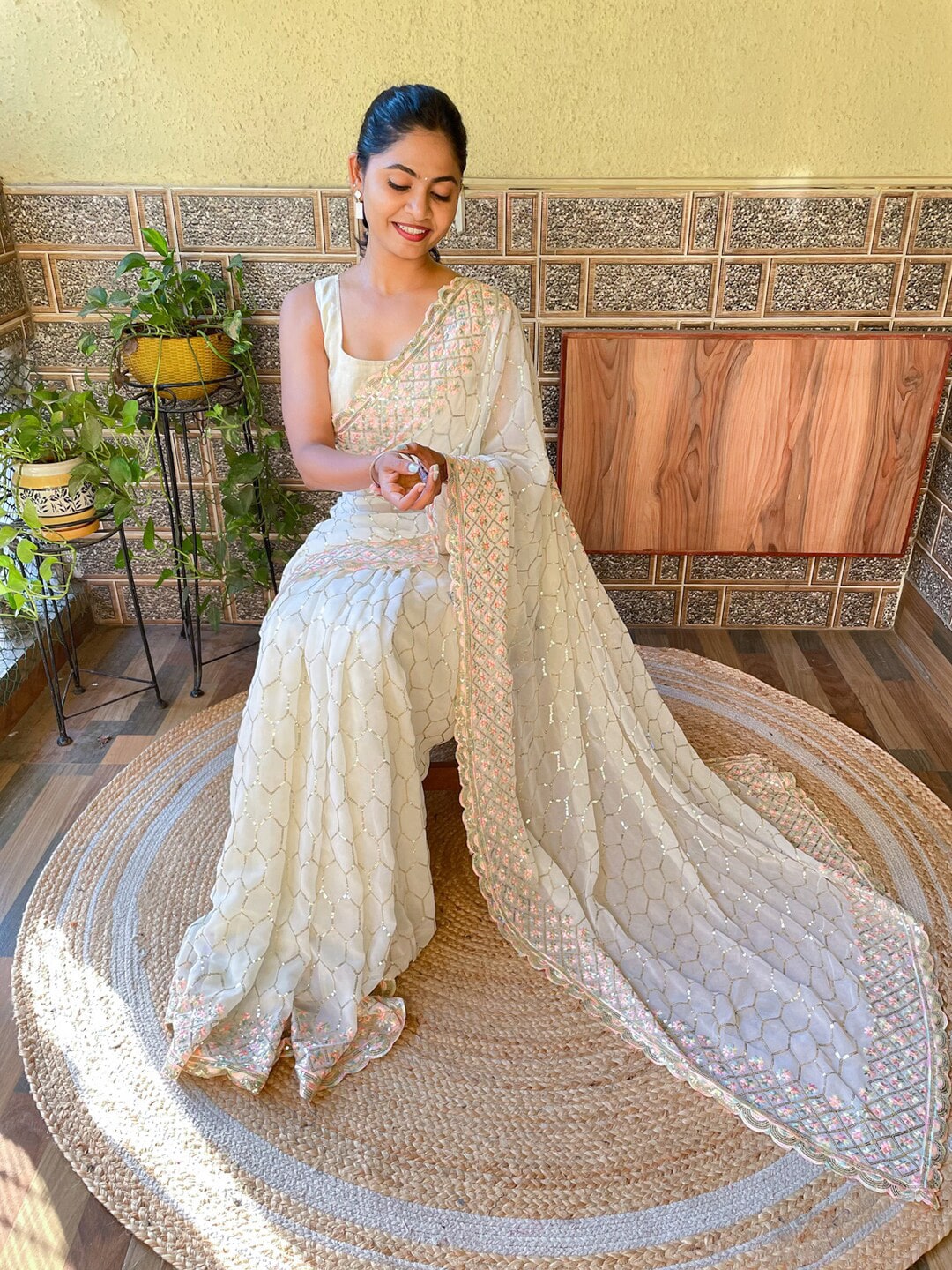 Mitera Off White Embellished Sequined Saree - Distacart