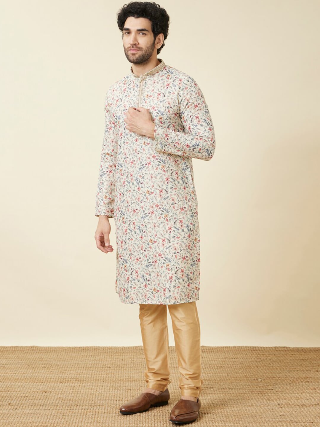 Manyavar Mandarin Collar Floral Printed Regular Pure Cotton Kurta with Churidar - Distacart