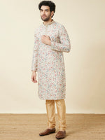 Thumbnail for Manyavar Mandarin Collar Floral Printed Regular Pure Cotton Kurta with Churidar - Distacart