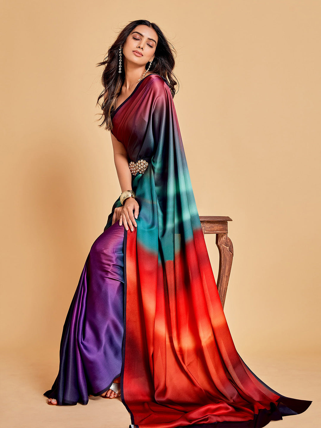 Sangria Violet & Orange Ombre Satin Saree - Distacart