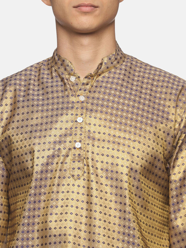 Sethukrishna Men Gold-Toned Bandhani Printed Art Silk Kurta with Dhoti Pants - Distacart
