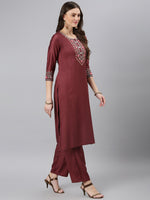 Thumbnail for Khushal K Women Burgundy Floral Yoke Design Panelled Kurta with Trousers - Distacart