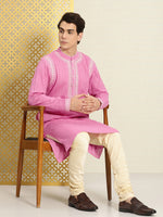 Thumbnail for House of Pataudi Men Pure Cotton Self Striped Embroidered Thread Work Jashn Kurta - Distacart