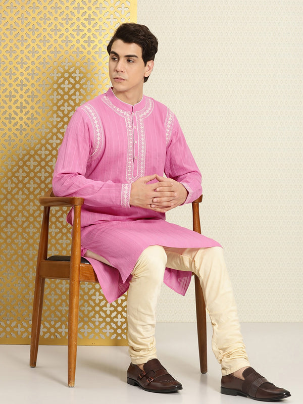House of Pataudi Men Pure Cotton Self Striped Embroidered Thread Work Jashn Kurta - Distacart