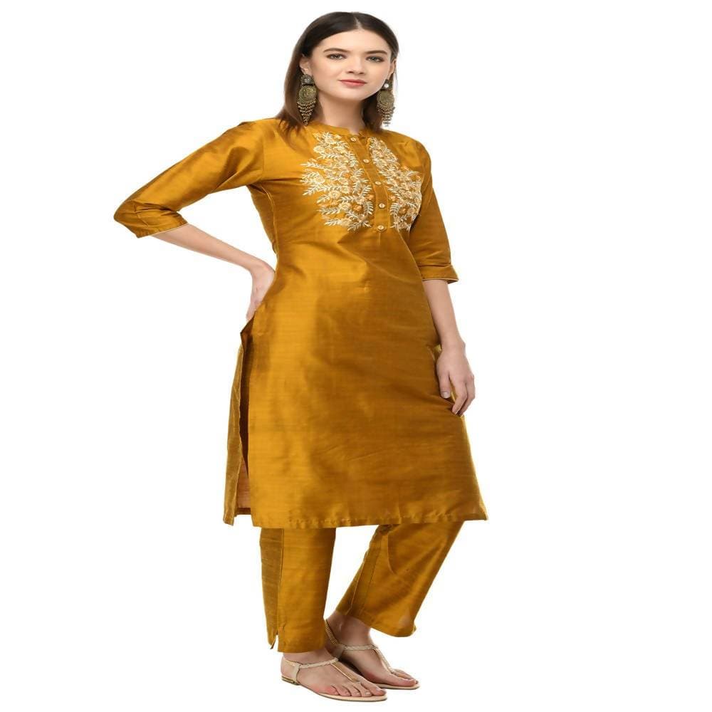 Lagi Women's Mustard Poly silk Straight Embroidred Kurta Pant (RO116C)