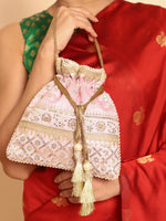 Thumbnail for Masq Pink & Gold-Toned Embellished Potli Clutch - Distacart