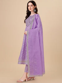Thumbnail for HERE&NOW Purple Floral Printed Pure Cotton A-Line Kurta & Trousers With Dupatta - Distacart