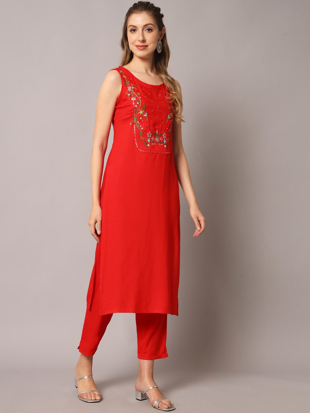 Kalini Women Floral Yoke Design Mirror Work Kurta With Trousers & Dupatta - Distacart