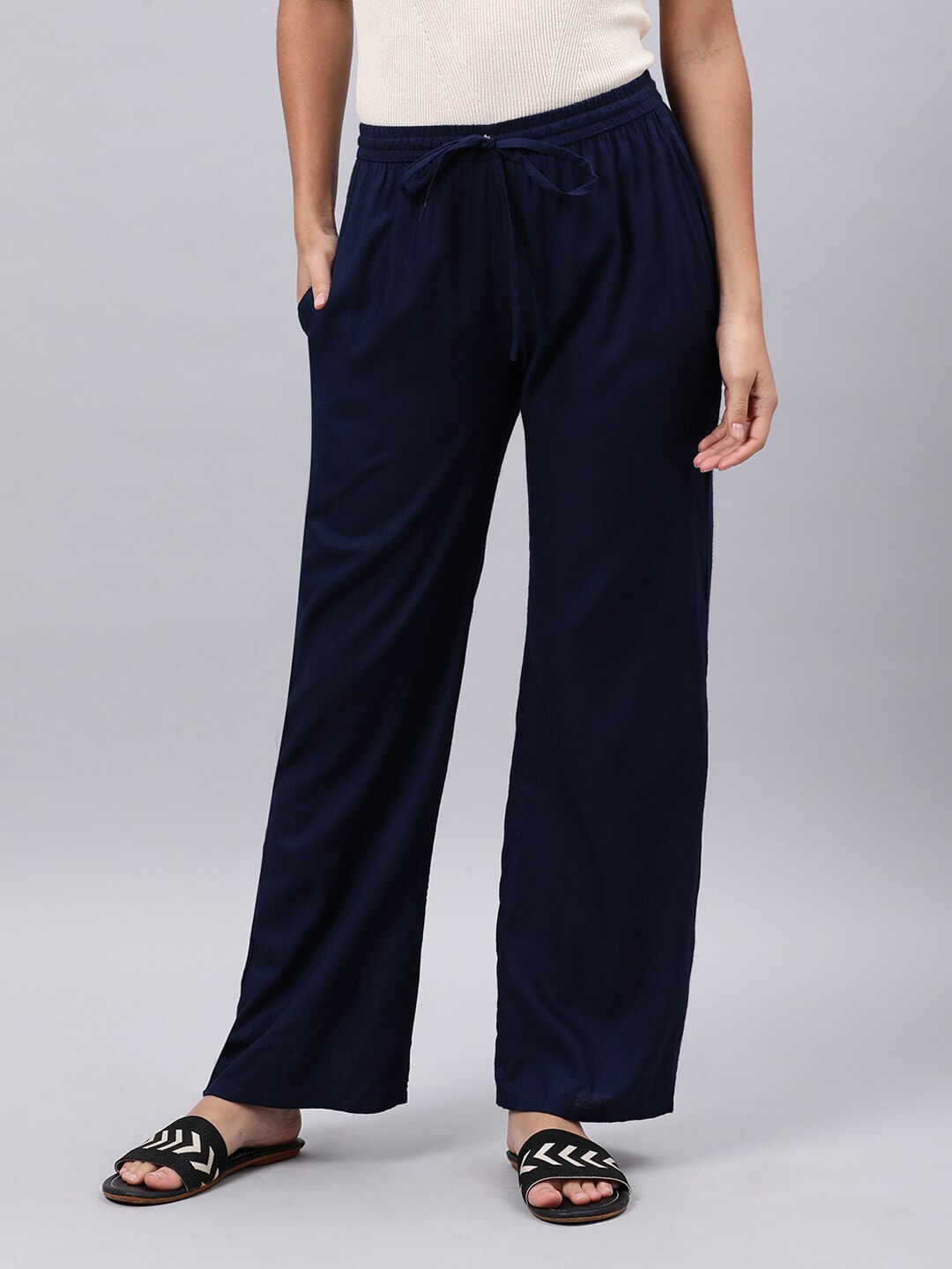 Souchii Navy Blue Liva Palazzos - Distacart