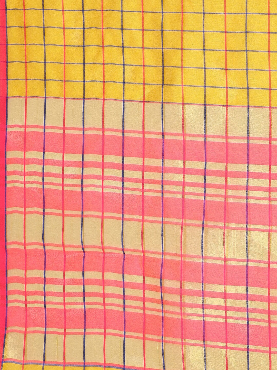 Saree Mall Mustard & Coral Checked Silk Cotton Sarees - Distacart