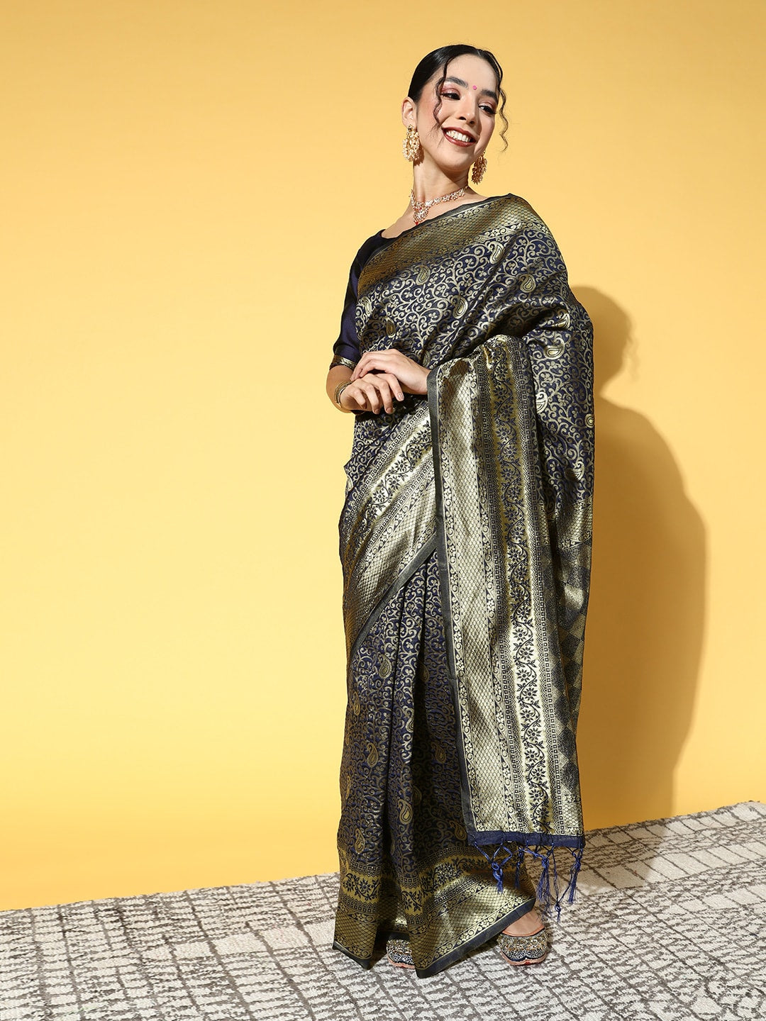 Saree Mall Navy Blue & Gold-Toned Ethnic Motifs Zari Silk Blend Banarasi Sarees - Distacart