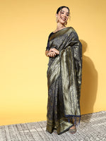 Thumbnail for Saree Mall Navy Blue & Gold-Toned Ethnic Motifs Zari Silk Blend Banarasi Sarees - Distacart