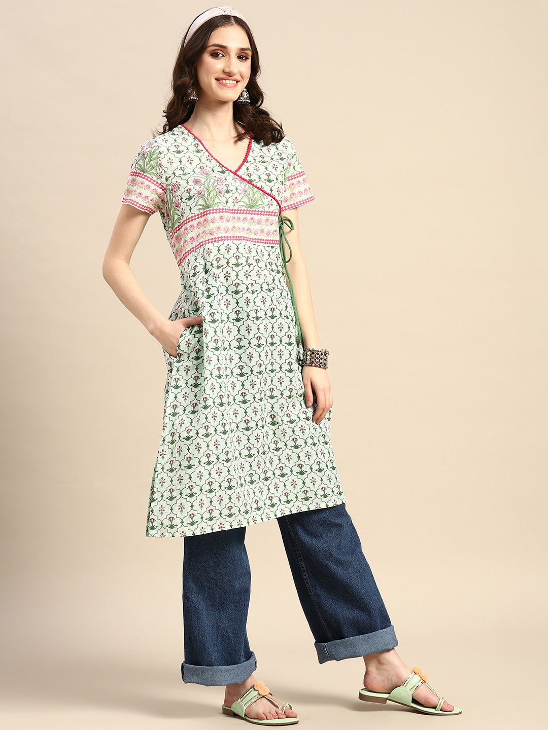Sangria Pure Cotton Ethnic Motifs Printed Angrakha Kurta - Distacart