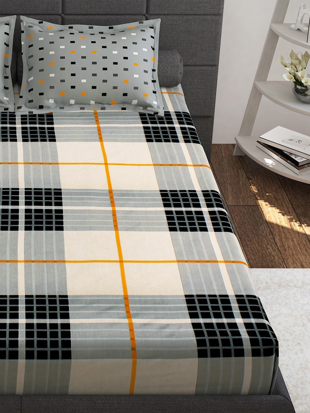 Story@home White & Grey Geometric Cotton 152 TC Queen Bedsheet With 2 Pillow Covers - Distacart