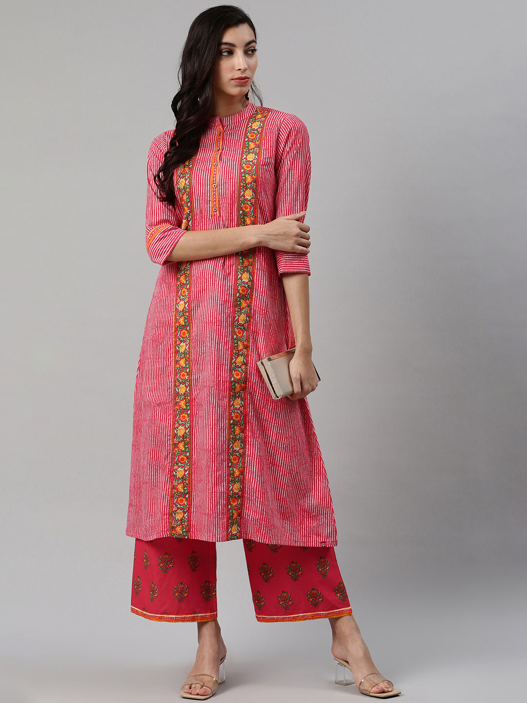 Biba Women Red & Off-White Striped Kurta with Palazzos - Distacart