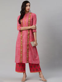 Thumbnail for Biba Women Red & Off-White Striped Kurta with Palazzos - Distacart