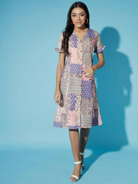 Thumbnail for Myshka Women Multi-Geometric Rayon A-Line Round Neck Dress - Distacart