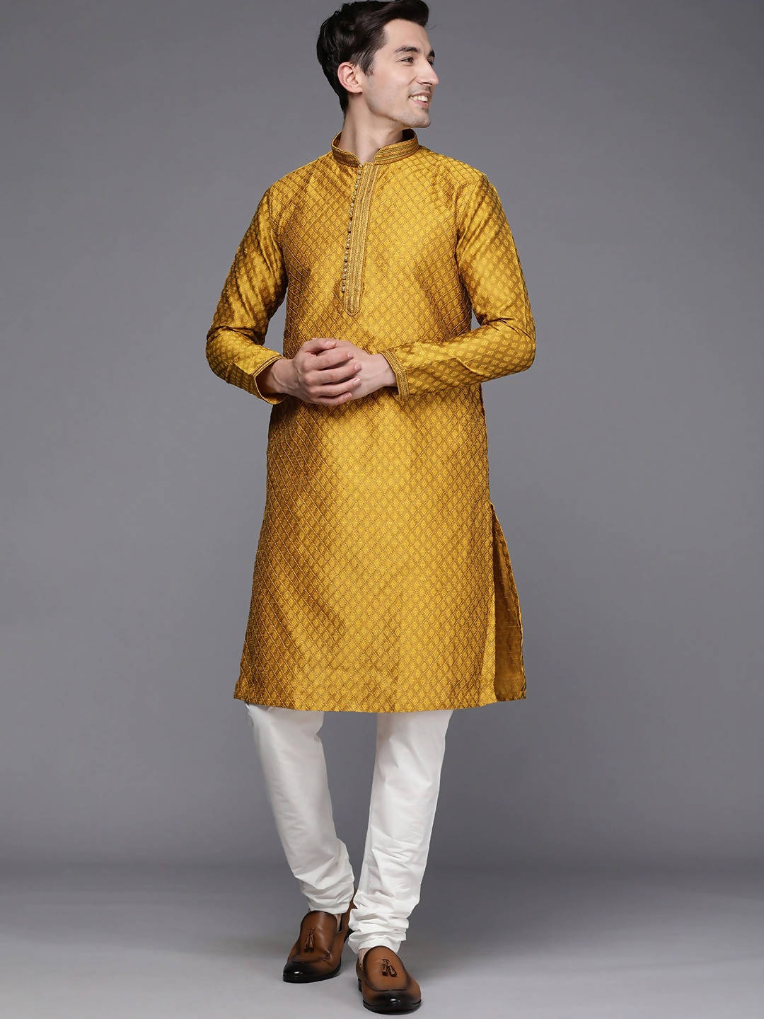 Manyavar Men Mustard Yellow Ethnic Motifs Woven Design Kurta with Churidar - Distacart