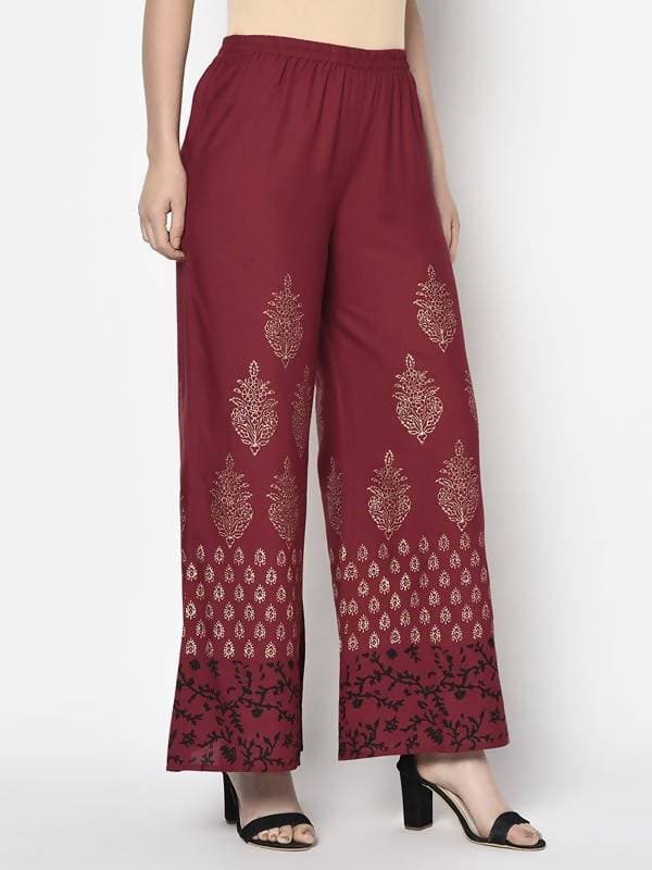 Aniyah Rayon Maroon Color Block Print Flared Slip-On Palazzo (AN-183K)
