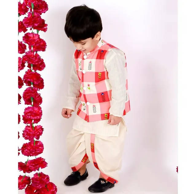 Little Bansi Cream Color Floral Check Jacket with Kurta and Dhoti