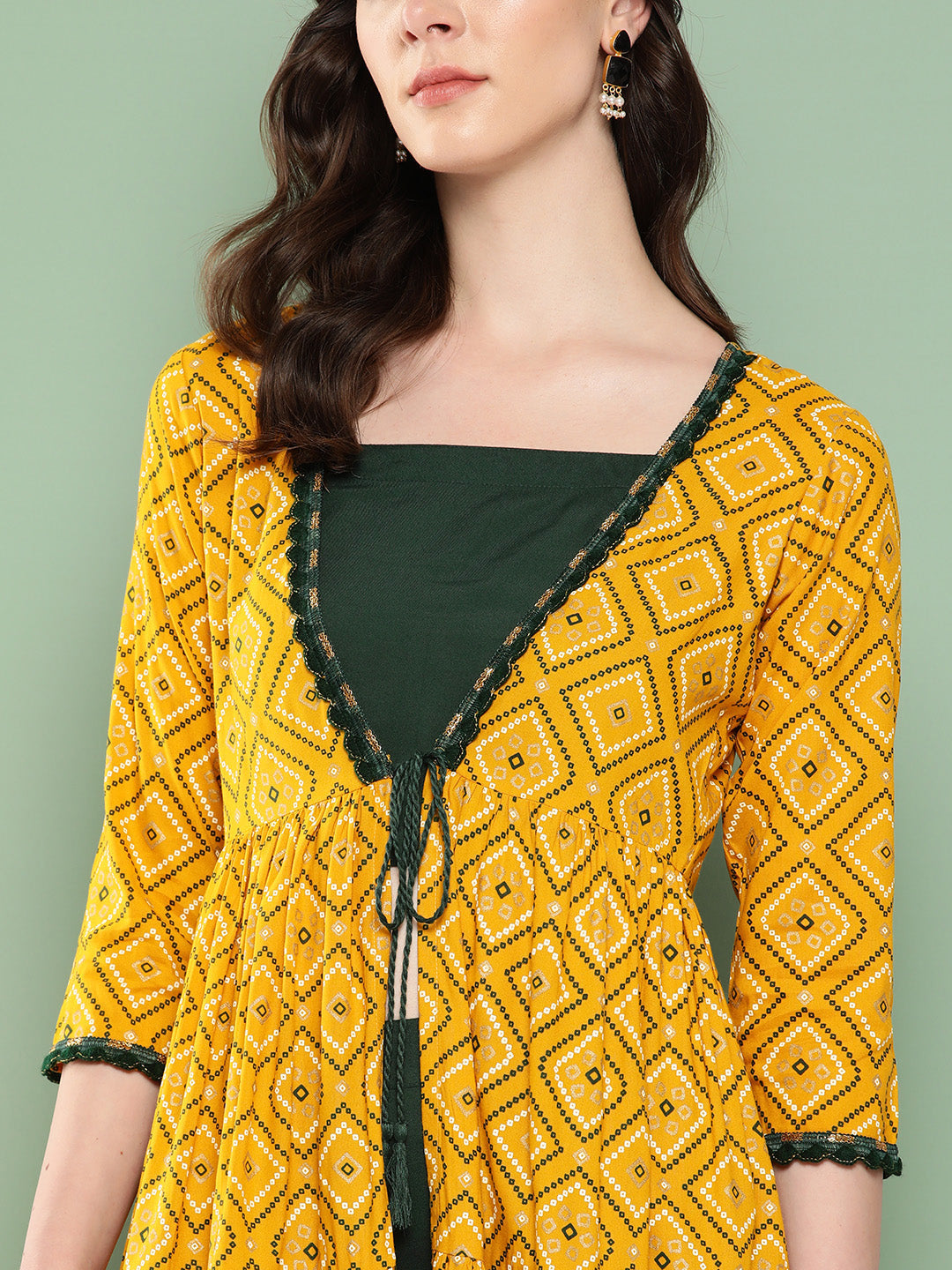InWeave Women's Green Top Bottom W Mustard Bandhej Long Shrug Set - Distacart