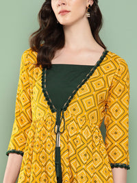 Thumbnail for InWeave Women's Green Top Bottom W Mustard Bandhej Long Shrug Set - Distacart
