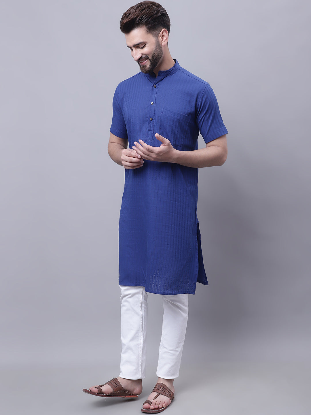 Even Apparels Blue Pure Cotton Short Sleeves Kurta With Band Collar - Distacart