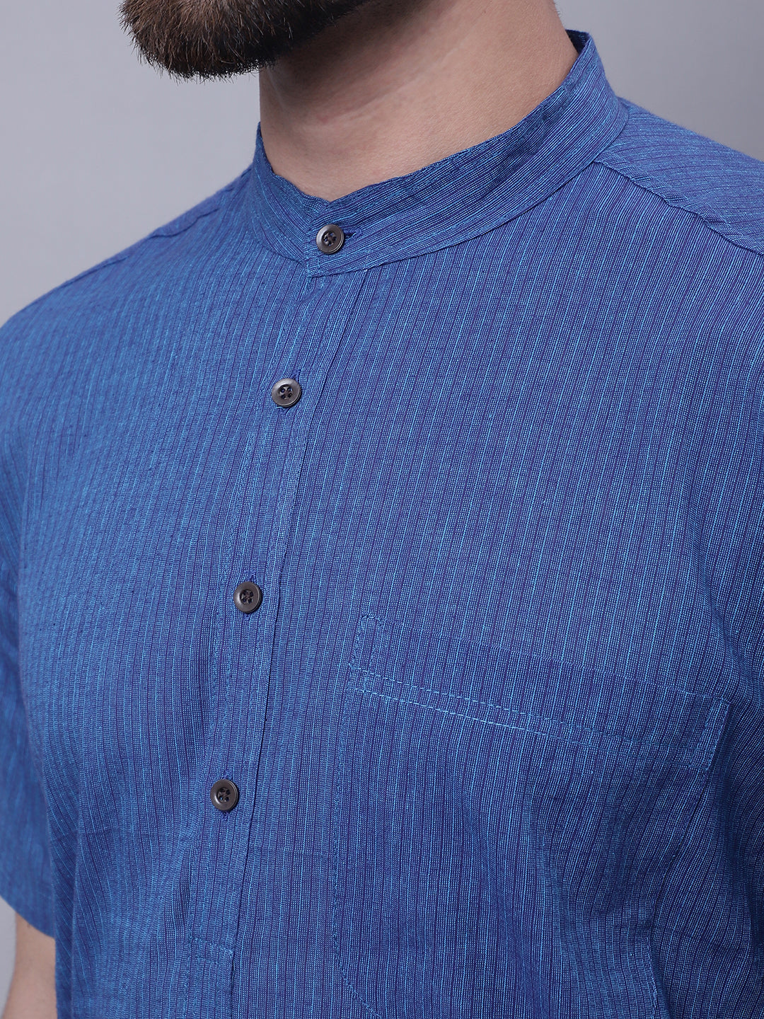 Even Apparels Blue Pure Cotton Short Sleeves Kurta With Band Collar - Distacart