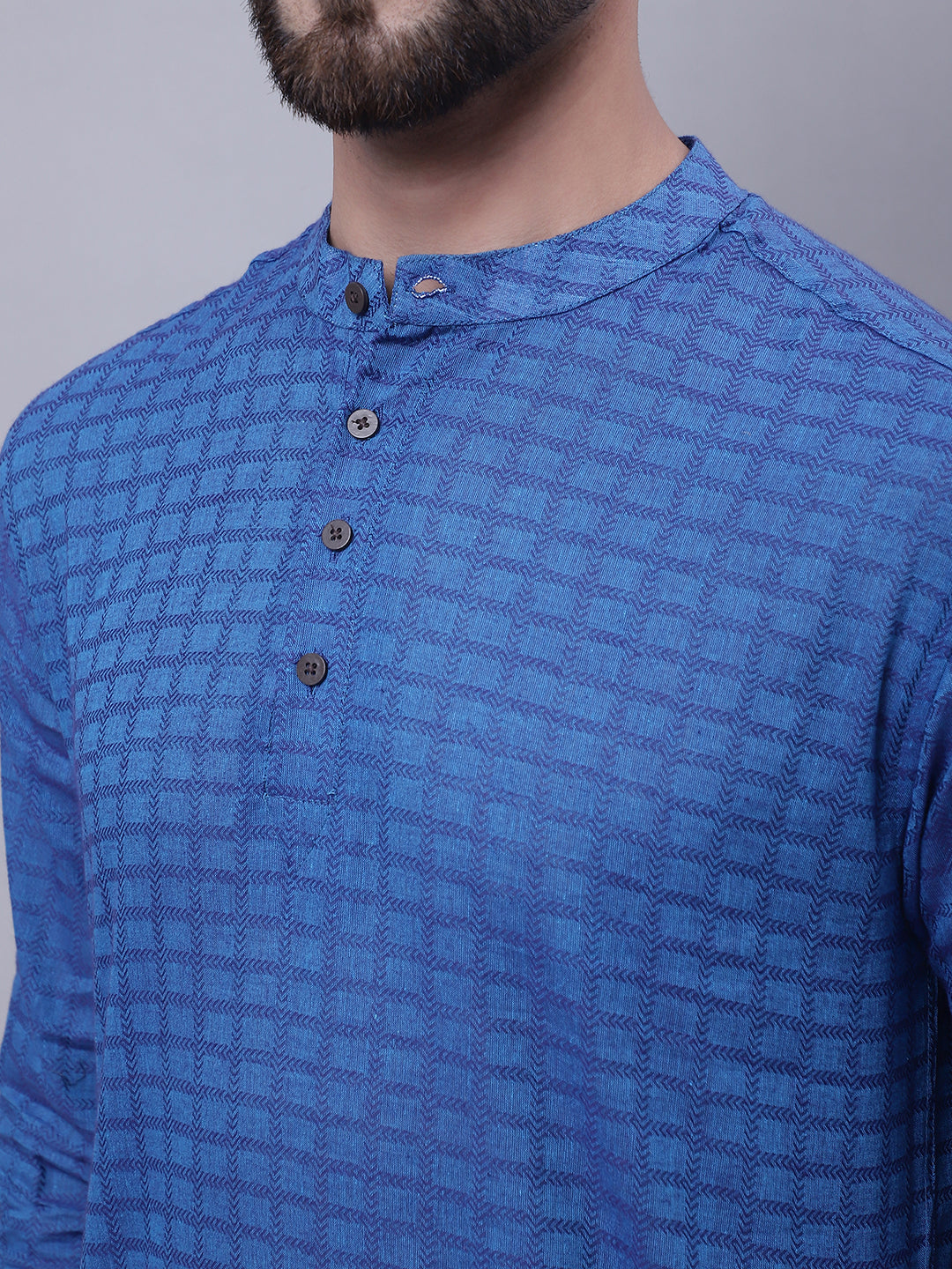 Even Apparels Blue Pure Cotton Short Kurta With Band Collar - Distacart