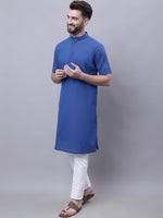Thumbnail for Even Apparels Blue Pure Cotton Short Sleeves Kurta With Band Collar - Distacart