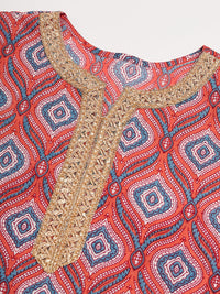 Thumbnail for InWeave Women's Red Blue Ogee Print Gota Straight Kurta - Distacart