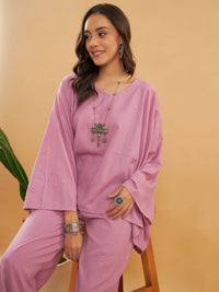 Thumbnail for InWeave Women's Mauve Kantha Boho Full Sleeve Coord Set - Distacart