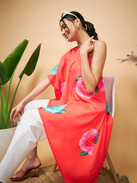 Thumbnail for InWeave Women's Dark Orange Pink Blue Flower One Shoulder Kurta - Distacart