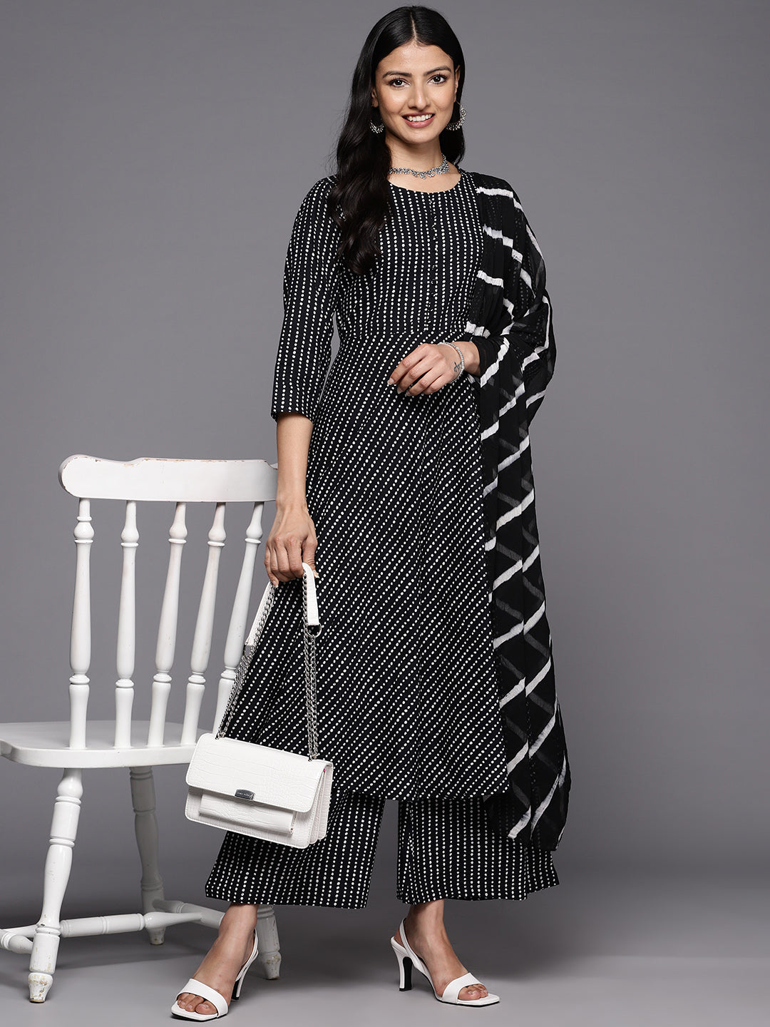 KSUT (House of Varanga) Black And White Cotton Printed Anarkali Kurta Paired With Palazzo And Chiffon Dupatta - Distacart