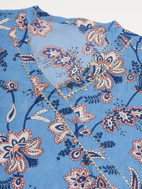Thumbnail for InWeave Women's Skyblue Pink Floral Angrakha Straight Kurta - Distacart