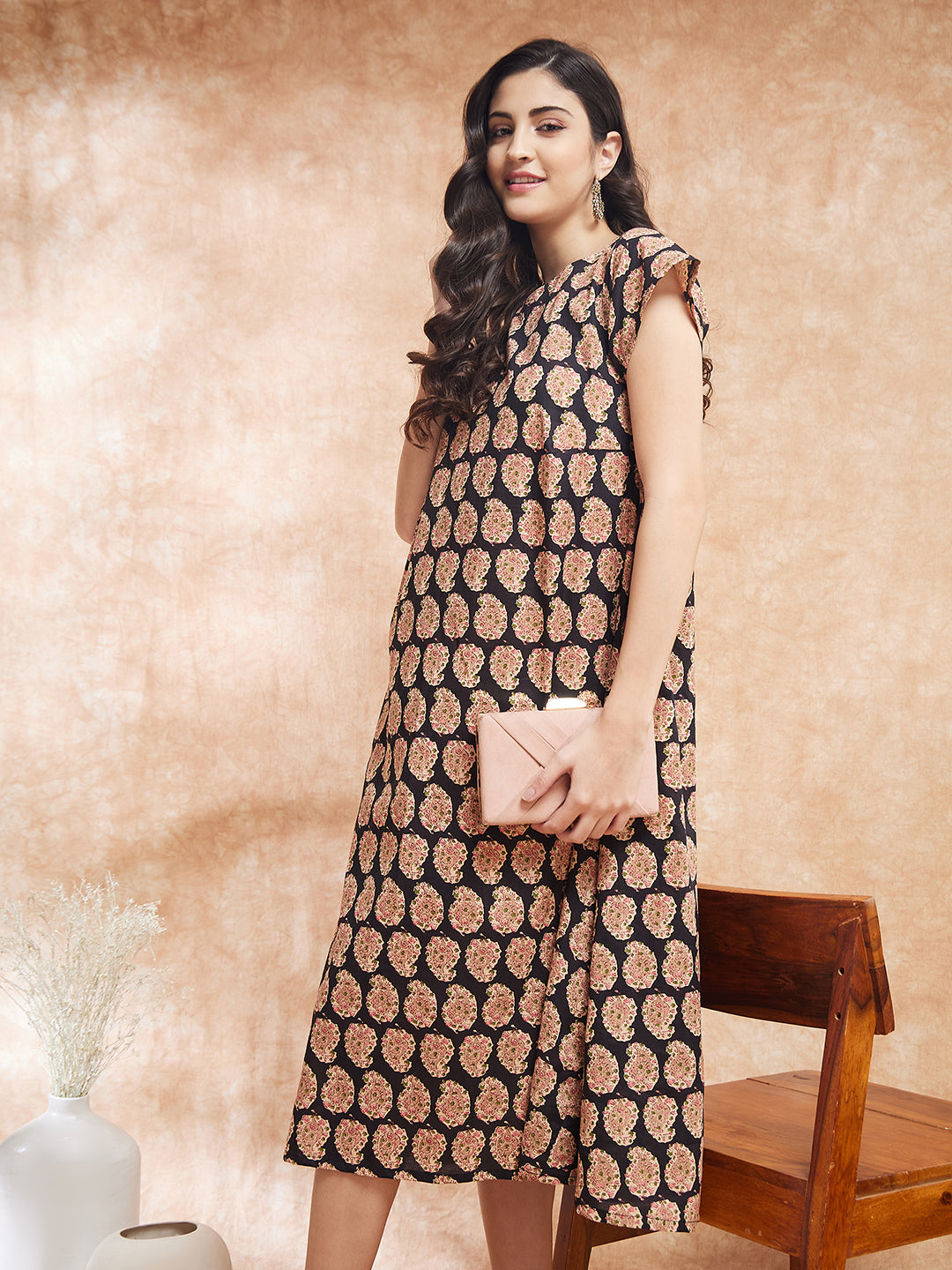 InWeave Women's Black Small Paisley Kalamkari A Line Dress - Distacart