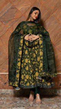 Thumbnail for Pomcha Jaipur Idika Green Hand Block Anarkali Set - Distacart