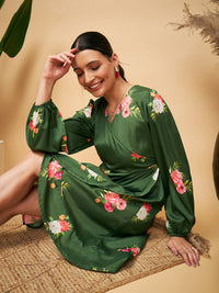 Thumbnail for InWeave Women's Green Small Flower Belted Dress - Distacart