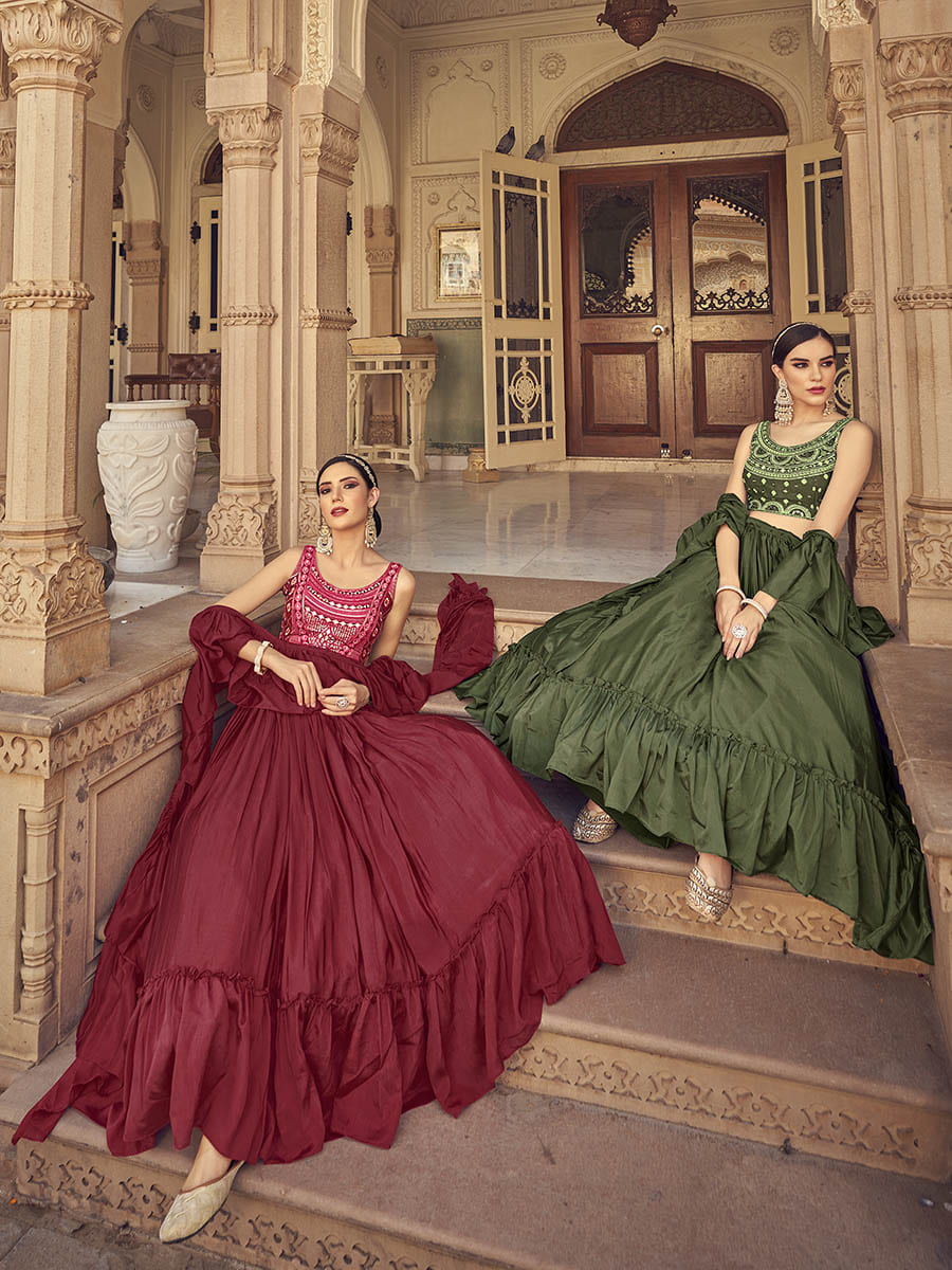 Myra Maroon Chinon & Art SIlk Embroidered Designer Lehenga Choli - Distacart