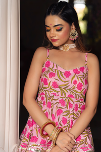 Thumbnail for Pomcha Jaipur Nazakat Pink Cotton Hand Block Sharara Set - Distacart