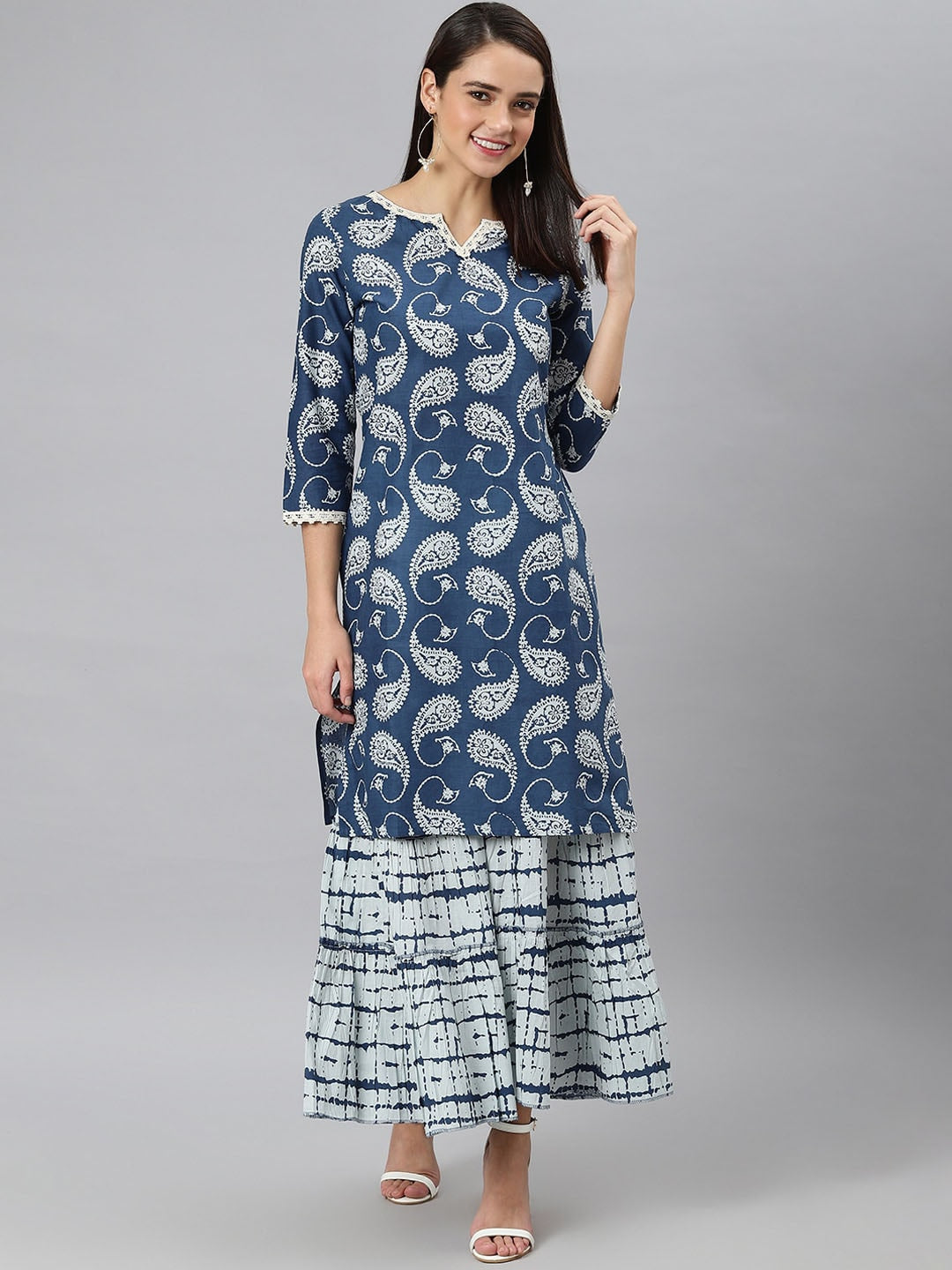 Khushal K Paisley Printed Notch Neck Pure Cotton Kurta with Sharara - Distacart