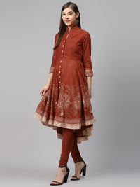 Thumbnail for Biba Women Rust Brown & Golden Pure Cotton Printed Kurta with Leggings & Dupatta - Distacart