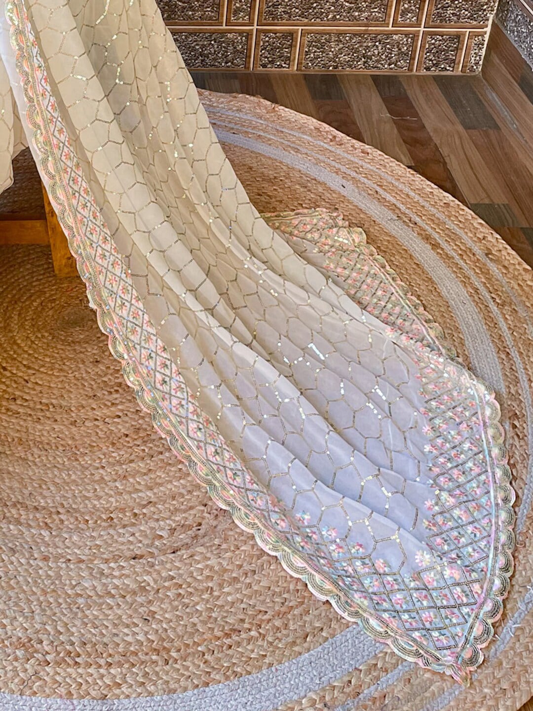 Mitera Off White Embellished Sequined Saree - Distacart