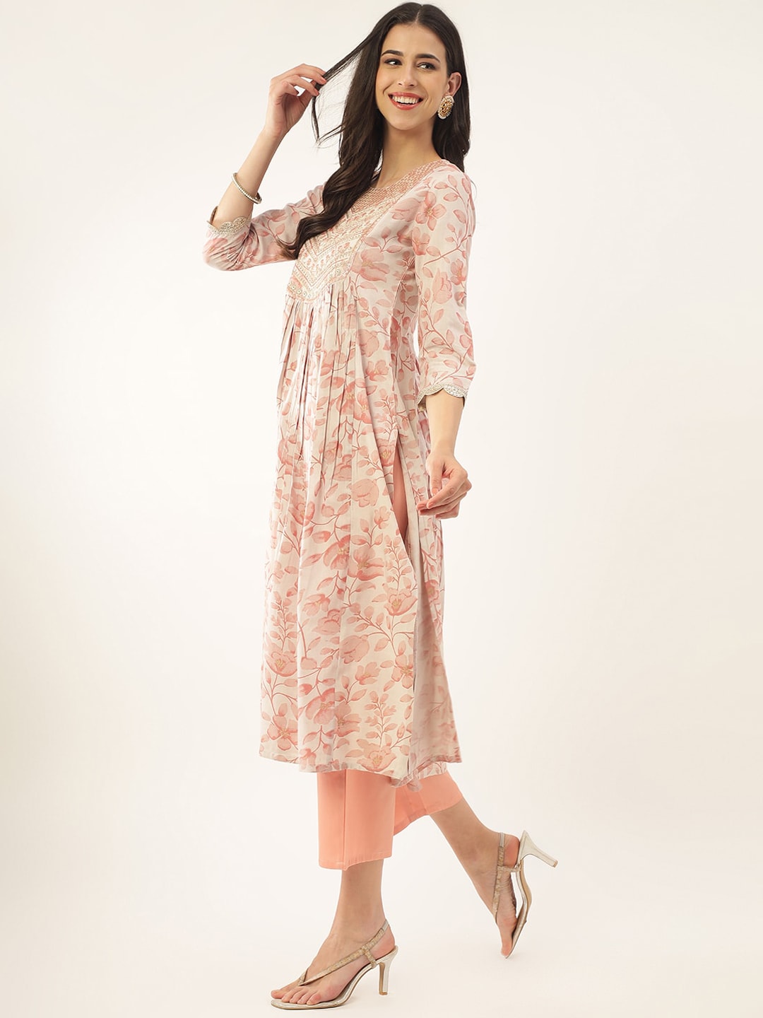 Khushal K Floral Printed Thread Work Sequined Kurta with Palazzos & Dupatta - Distacart